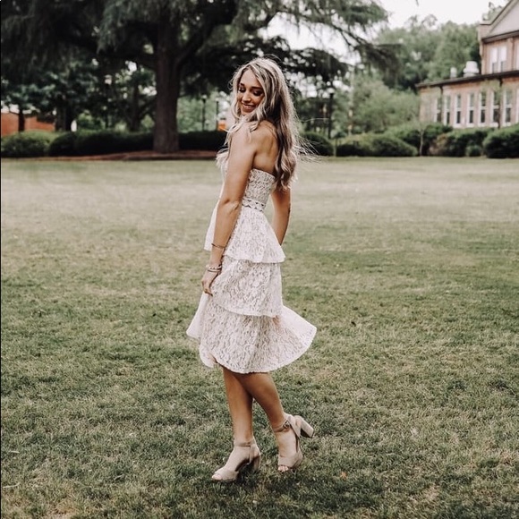 Ruffled Blue Lace Strapless Midi Dress - Picture 5 of 5